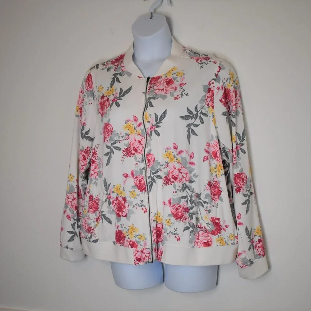 Torrid Floral Bomber Jacket Sz 3 Plus Size Zip Up Retro 80s Grandmacore - Picture 3 of 16